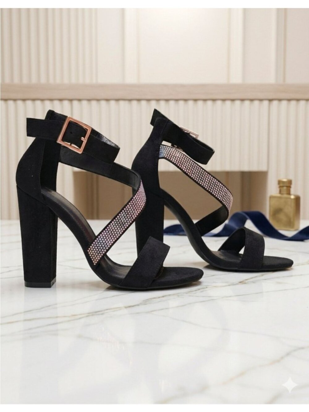 Black Block Heel Sandals With Rhinestone Straps & Adjustable Buckle - Womens Dre